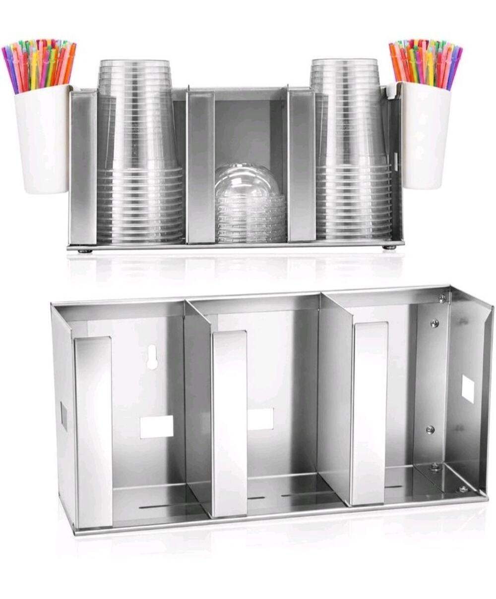 Adjustable Stainless Steel Cup & Lid Holder - 3 Compartments, 32 oz Cup